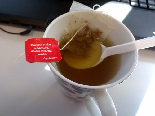 image of tea with teabag label bearing democritus wisdom